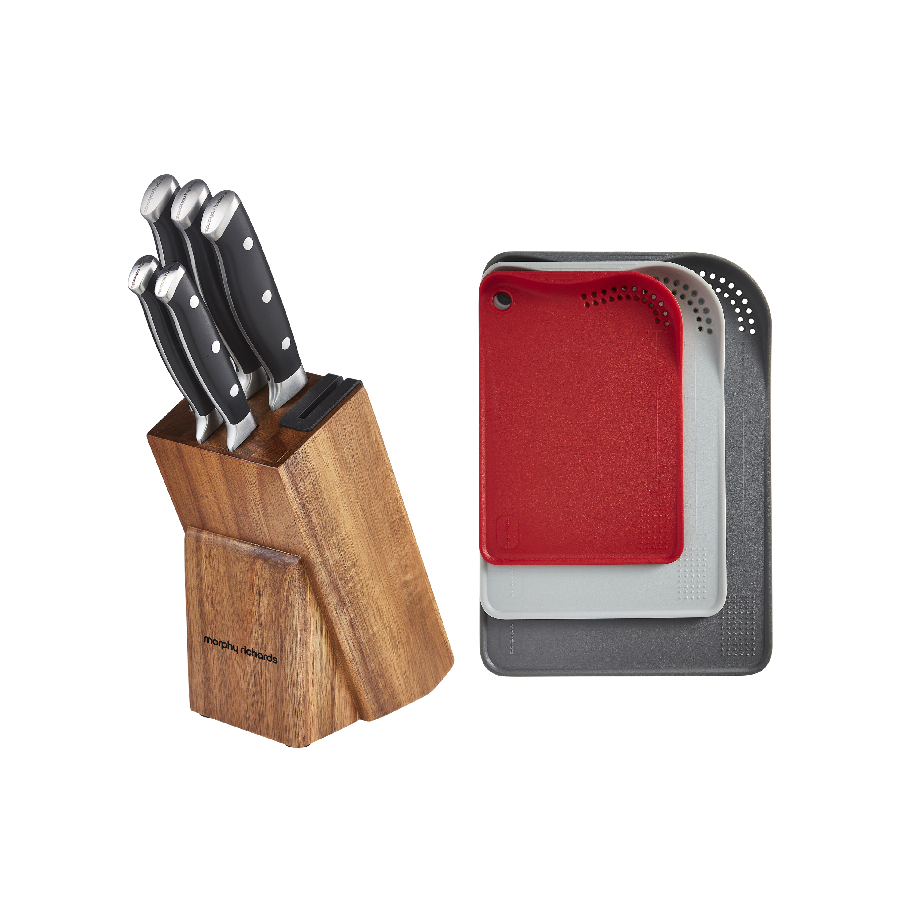 5 Piece Knife Block Set With Sharpener and 3x Chopping Board Set