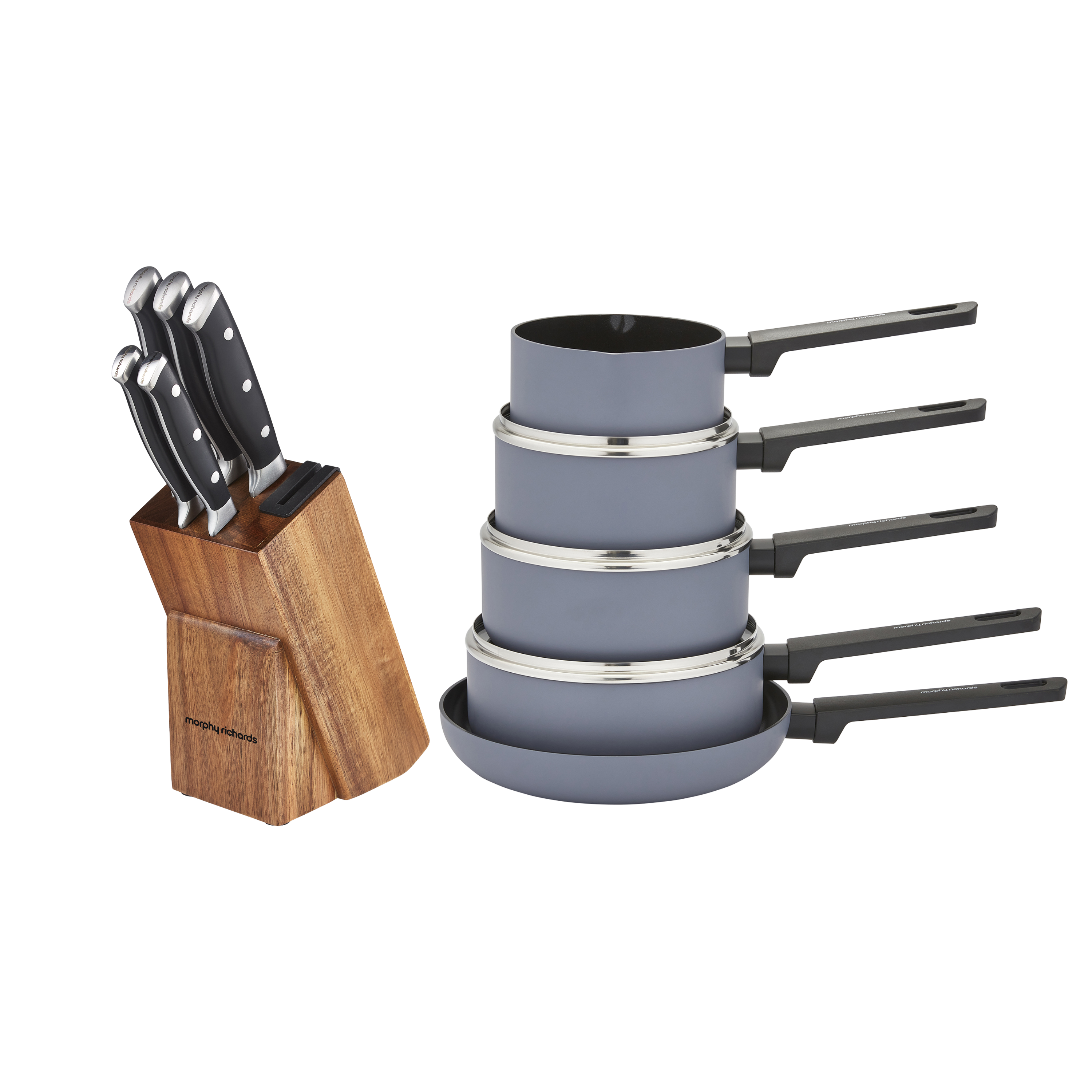 5 Piece Knife Block Set With Sharpener and 5 Piece Recycled Aluminium Saucepan Set