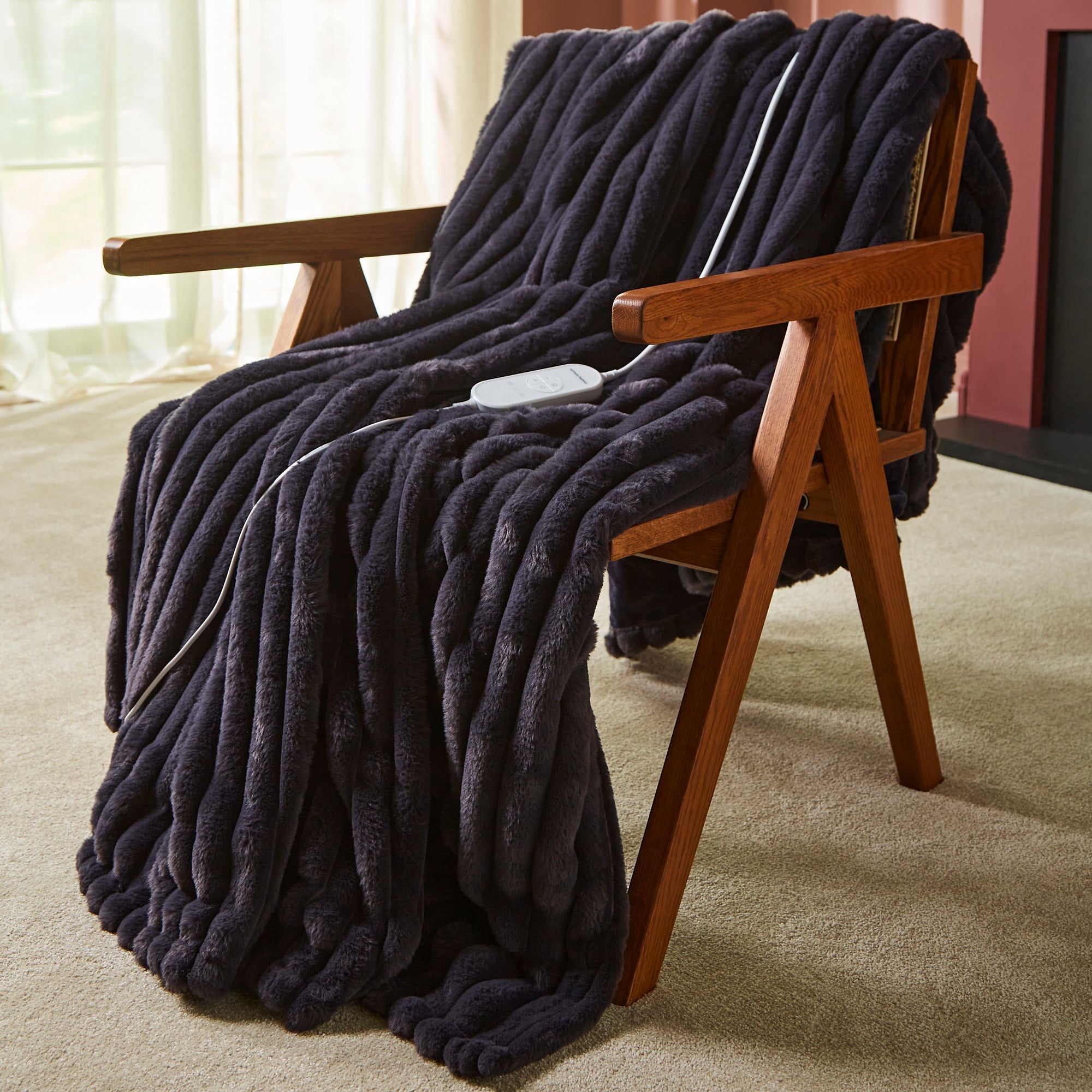 EverCosy Large Luxury Striped Fleece Electric Heated Throw - Navy