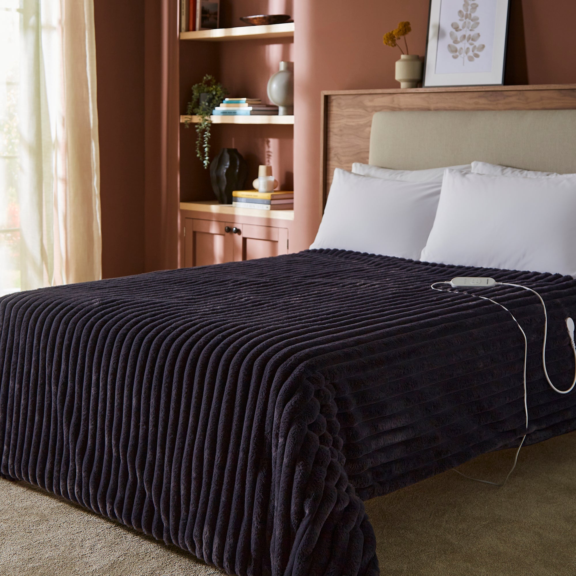 EverCosy Large Luxury Striped Fleece Electric Heated Throw - Navy
