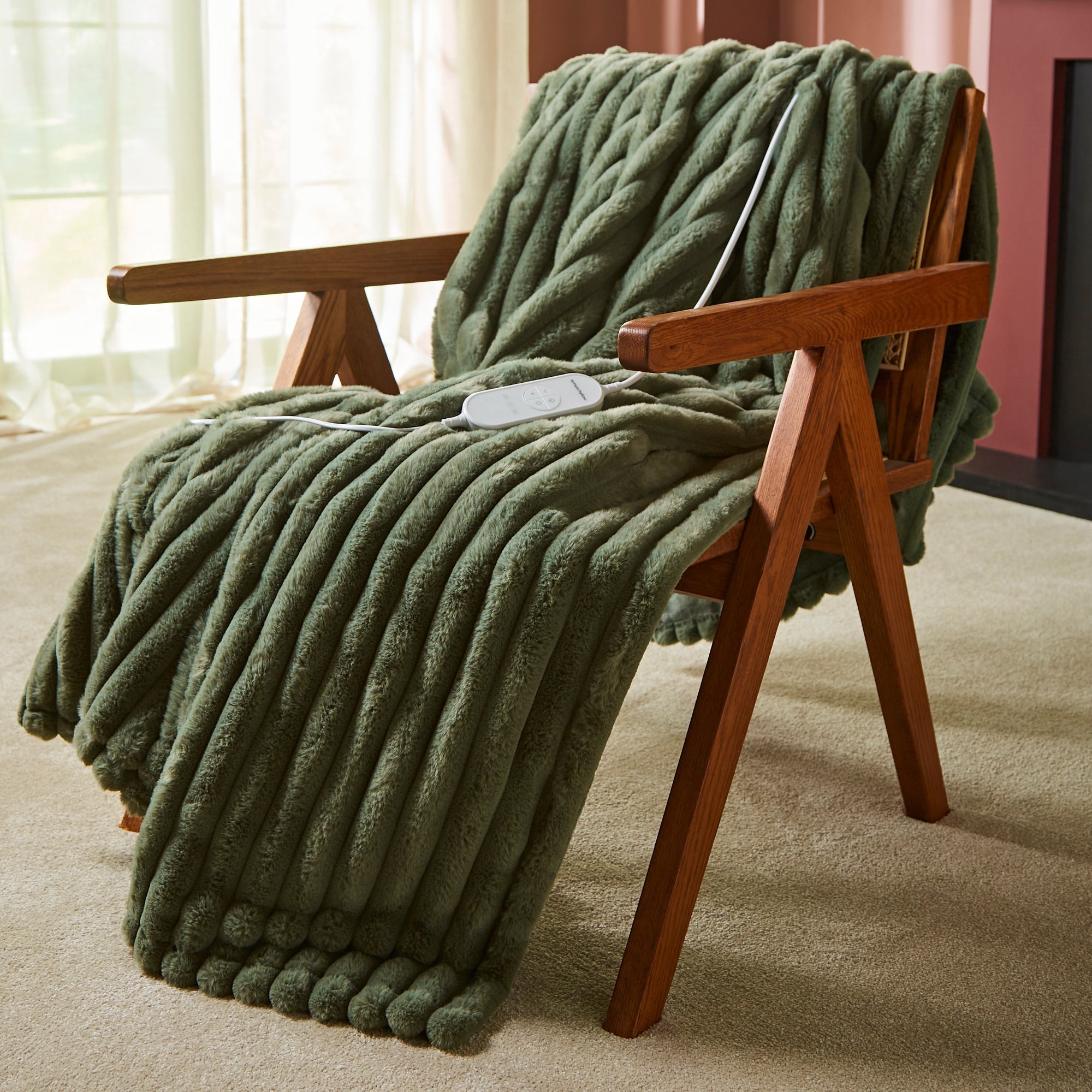 EverCosy Small Luxury Striped Fleece Electric Heated Throw - Green