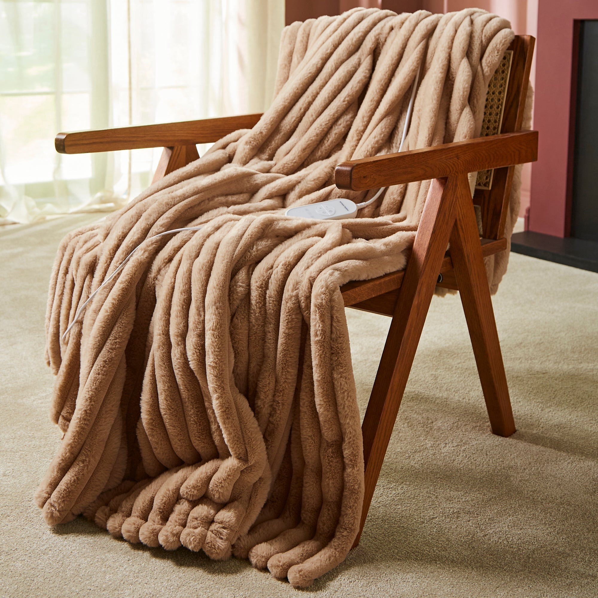 EverCosy Large Luxury Striped Fleece Electric Heated Throw - Mocha