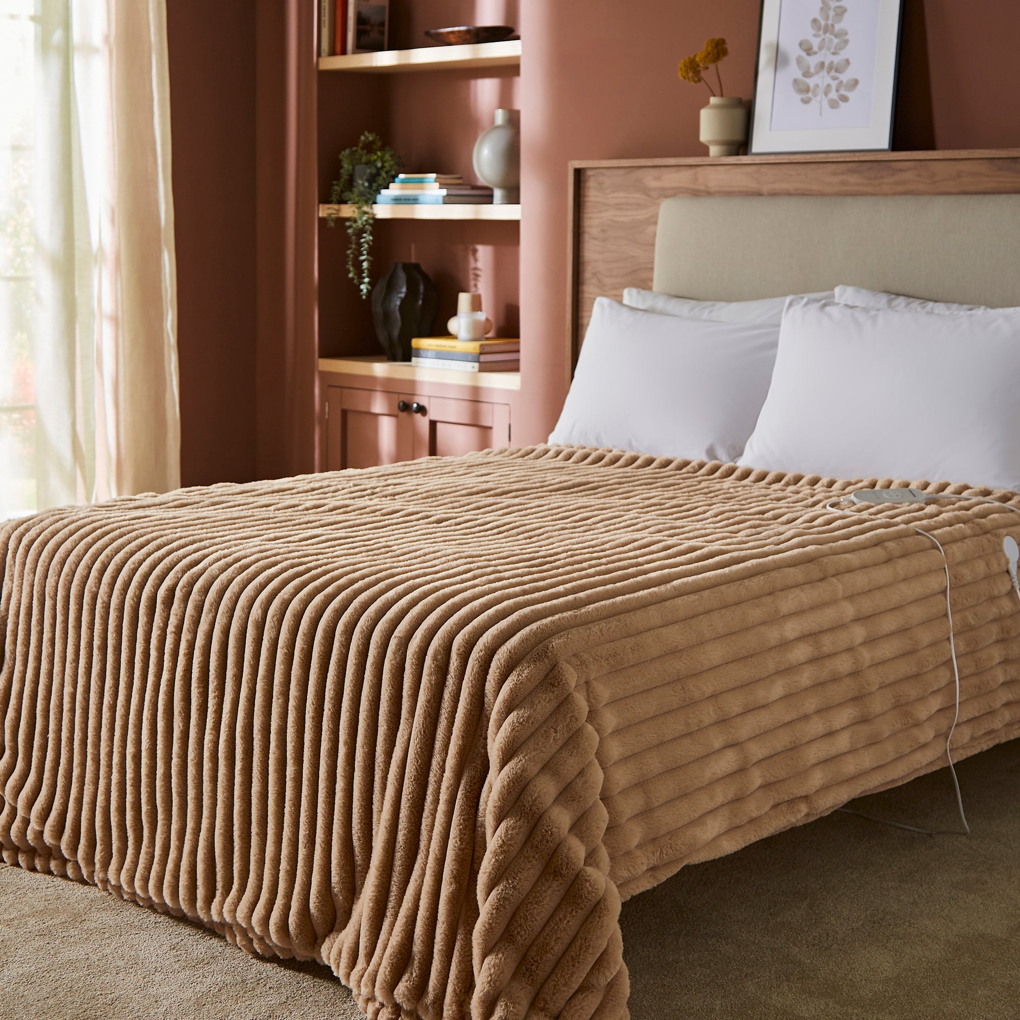 EverCosy Large Luxury Striped Fleece Electric Heated Throw - Mocha