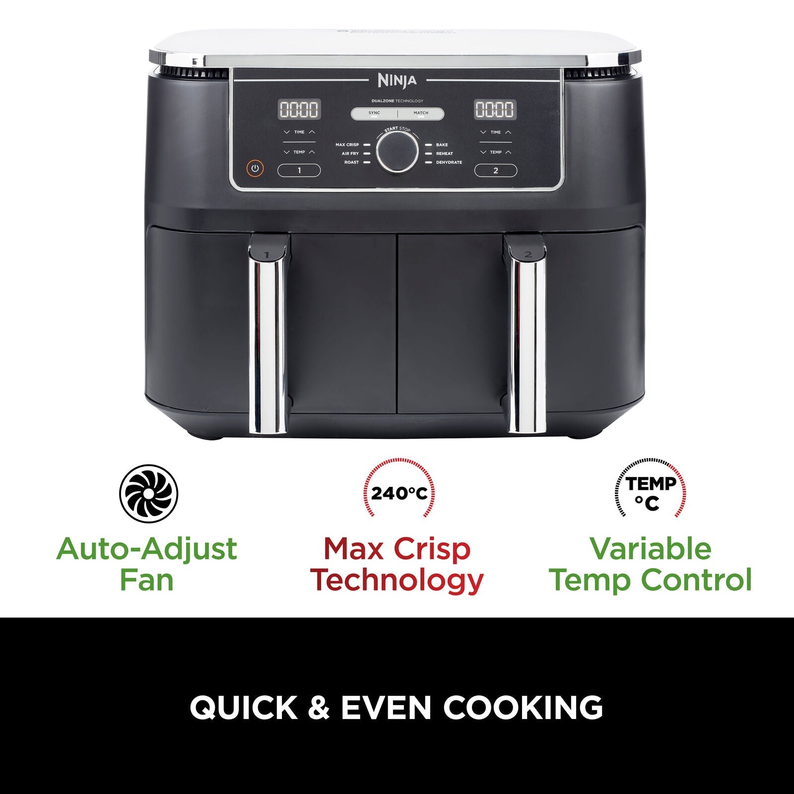 Ninja Foodi Air Fryer MAX Dual Zone – Refurbished [AF400UK], 6 Functions, 9.5L
